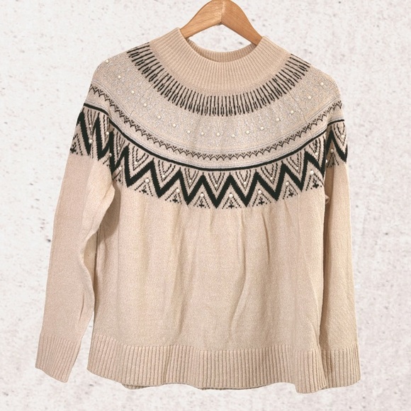 Cream and Black Crew Neck Sweater with Fair Isle Pattern - Picture 1 of 4